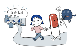 統合失調症は、ドパミンをブロックする薬物療法が重要というイラストになります。